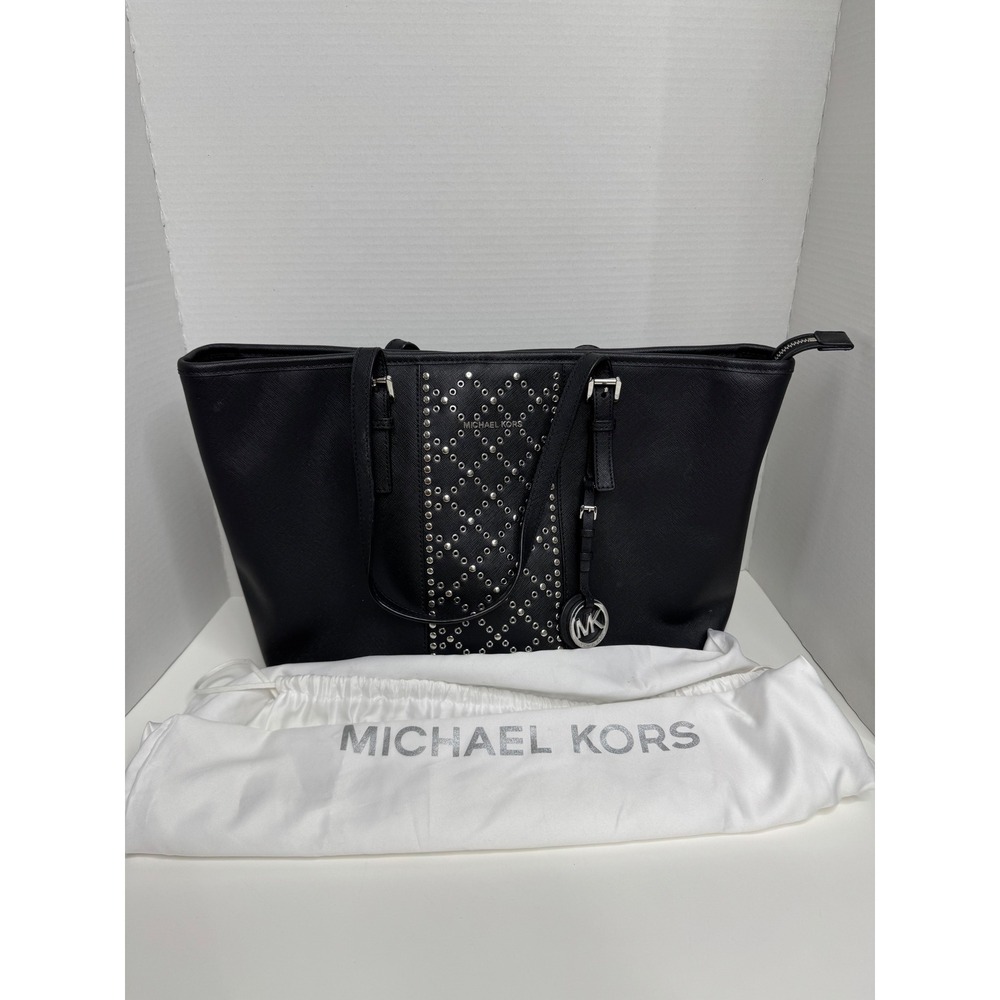 Michael Kors Black Saffiano‎ Leather Studded Tote Bag Silver Hardware Large MK